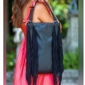 Area Stars Fringe Hobo Shoulder Bag Black Faux Leather Western Biker Chic New